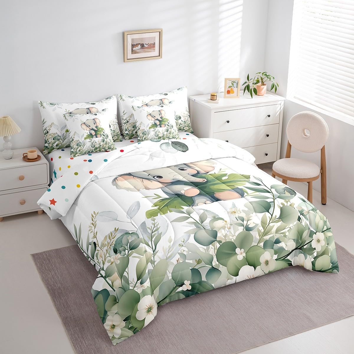 Erosebridal Cute Elephant Twin Comforter Set 7 Pieces for Kids Green Eucalyptus Bedding Comforter Sets, Woodland Animal Bed in a Bag Botanical Plant Leaves Bedding Set, Cartoon Wildlife Bed Sheets Set