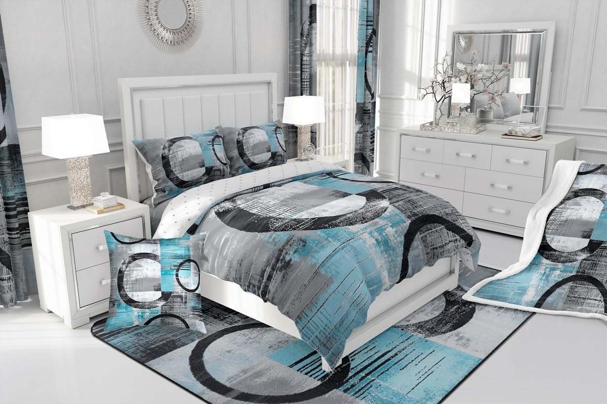Feelyou Abstract Comforter Set Full Size Modern Abstract Art Bedding Set Geometric Duvet Quilt Luxury Bedroom Decor Blue 3 Pcs with 2 Pillow Cases