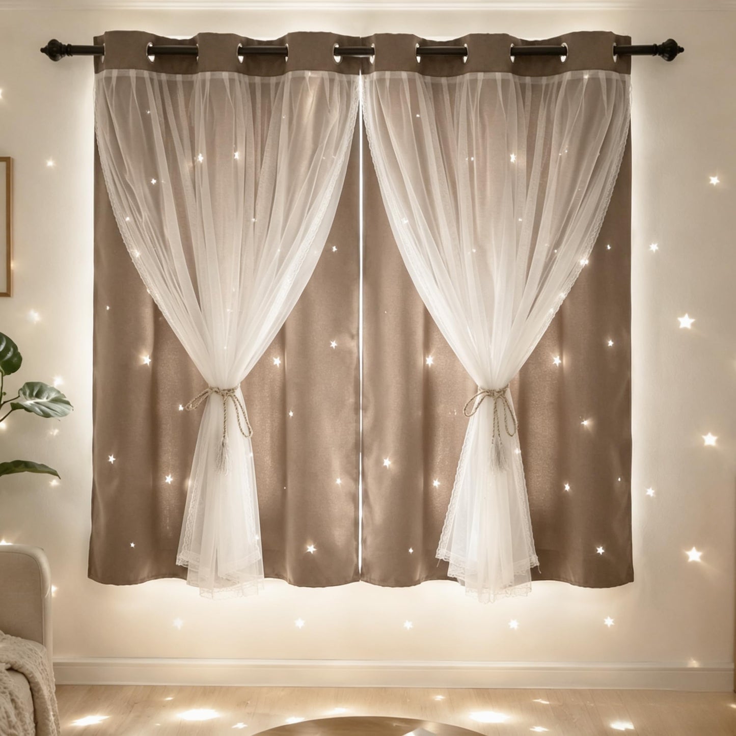Kinryb 63 Inch Long Star Cut-Out Blackout Curtains for Bedroom Mix and Match Curtain for Kids Girls Bedroom Thermal Insulated Drape 42" W x 63" L Coffee 2 Panels