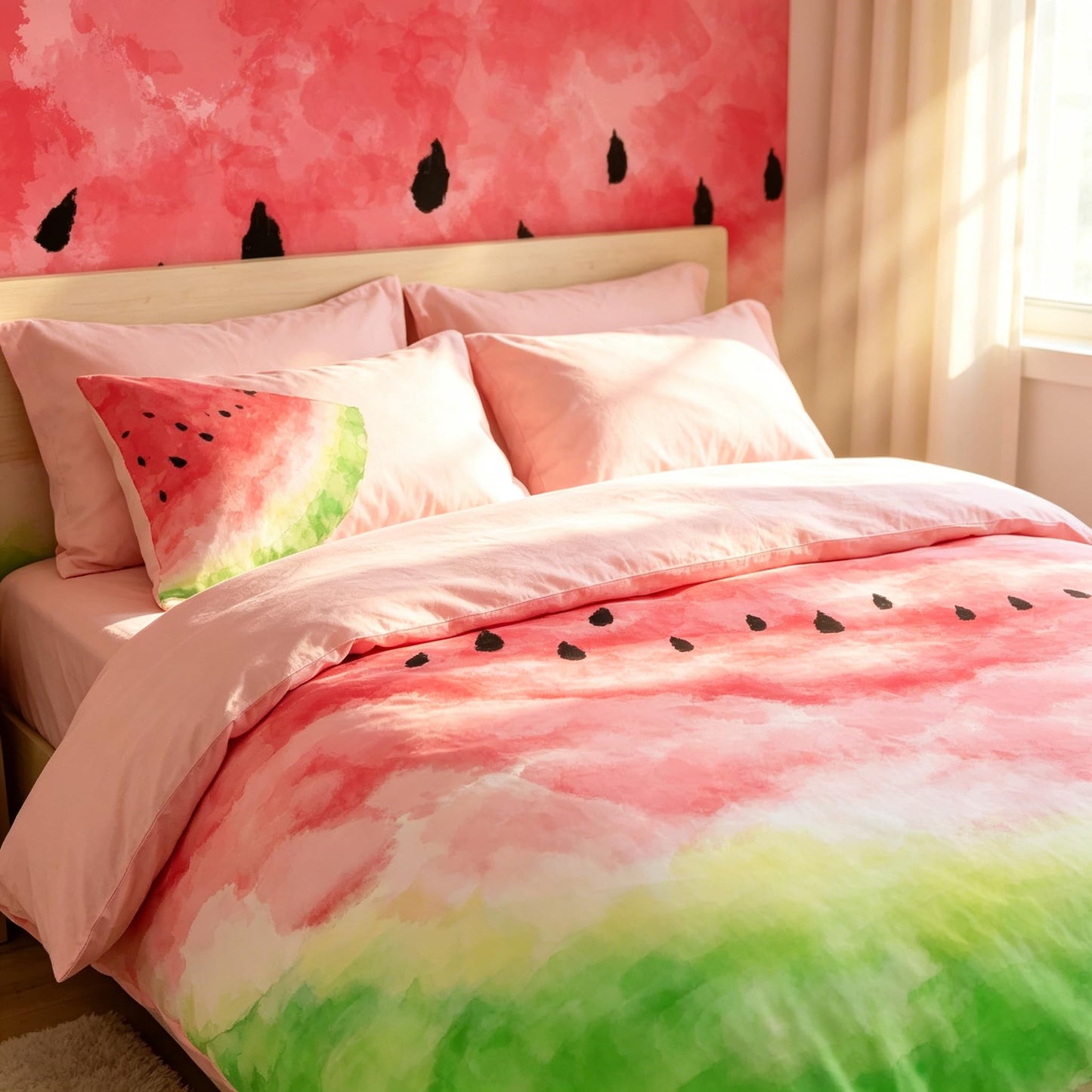 CCoutueChen Watermelon Comforter Set Queen Size, Cute Fruit Themed Pink Bedding Set, Soft Reversible Pastel Summer Comforter with Light Pink Back for Teens Girls Bedroom Decor/90 x90