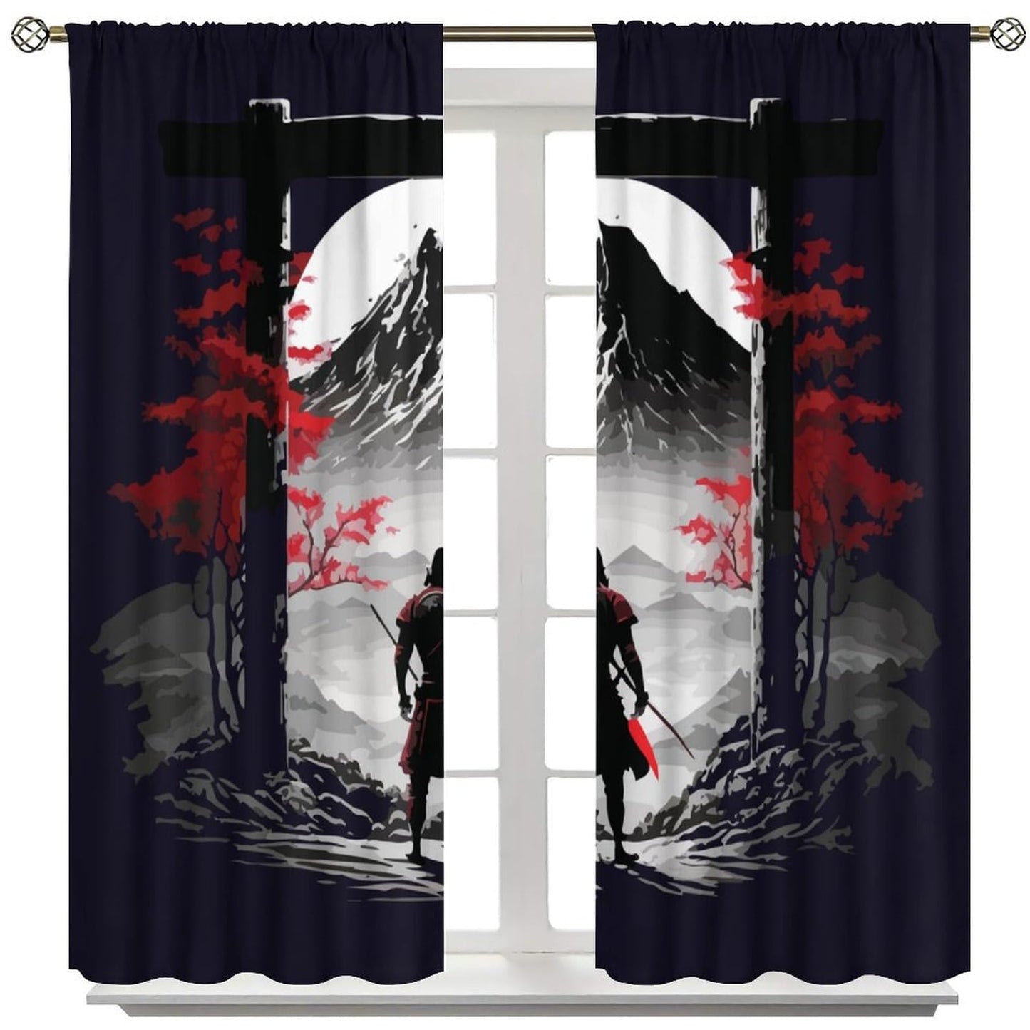 Japanese Anime Samurai Windows Curtains Asian Samurai Red Leaves Rod Pocket Window Treatment for Living Room Bedroom Home Decor Window Drapes 42" W X 45" L