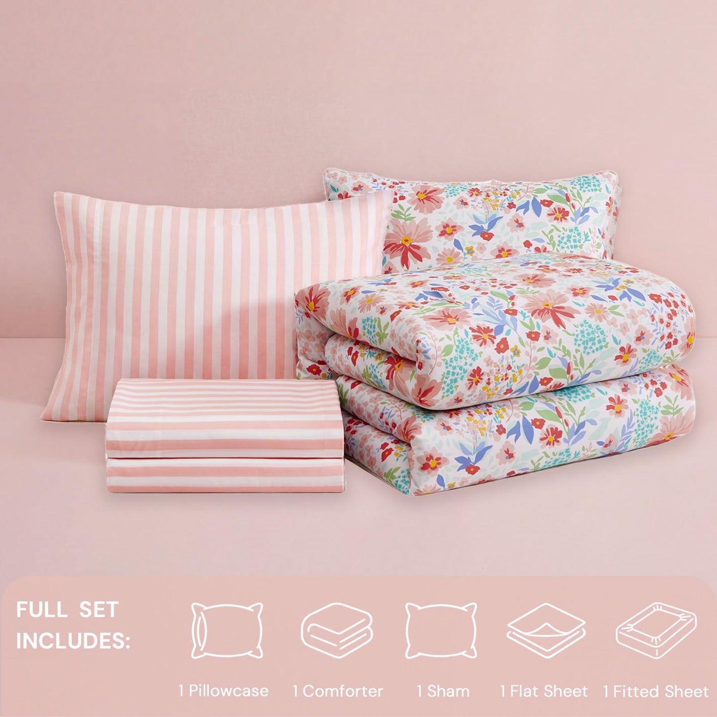 Kaleido Space Twin Comforter Set for Girls Kids - 5 Pieces Pink Flowers Patterns Twin Bedding Sets for Girls Teen, Soft Cozy Bed in a Bag with Sheets