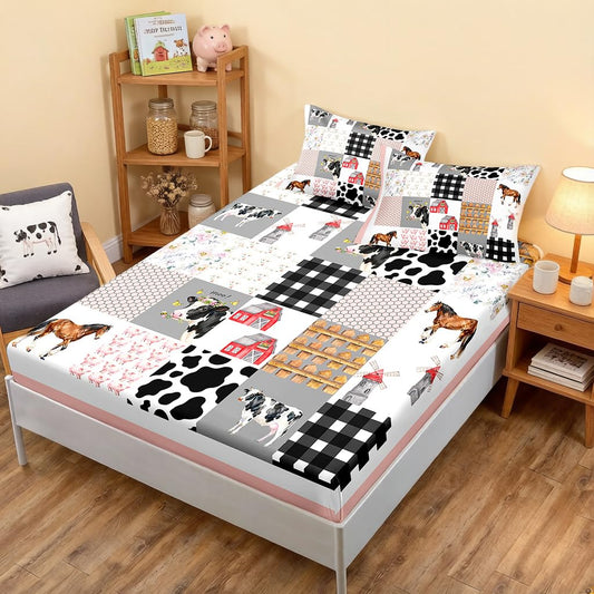 HOSIMA Cow Fitted Sheet & Pillowcase Set, Twin Western Country Room Decor Aesthetic for Girls, Cute Farm Animal Pig Cow Horse Twin Bedding Sets, Pink White Gingham