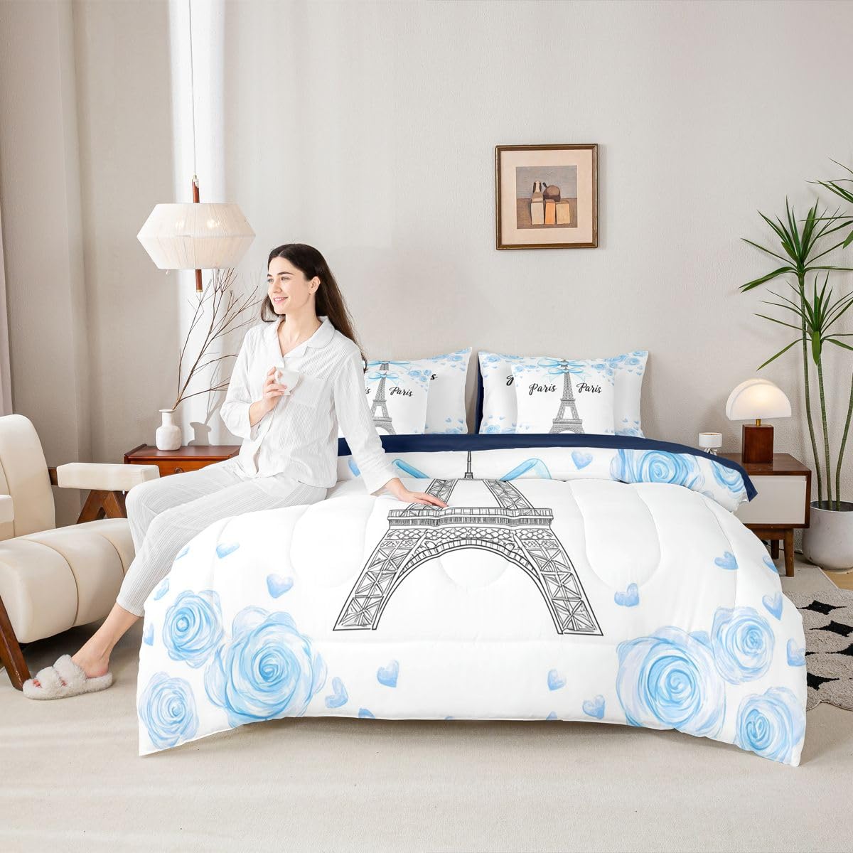 Erosebridal Blue Bow Tie Twin Bedding Sets for Girls Eiffel Tower 7 Piece Comforter Set with Sheets Rose Romantic Paris France Bed in A Bag Princess Bowknot Bed Set