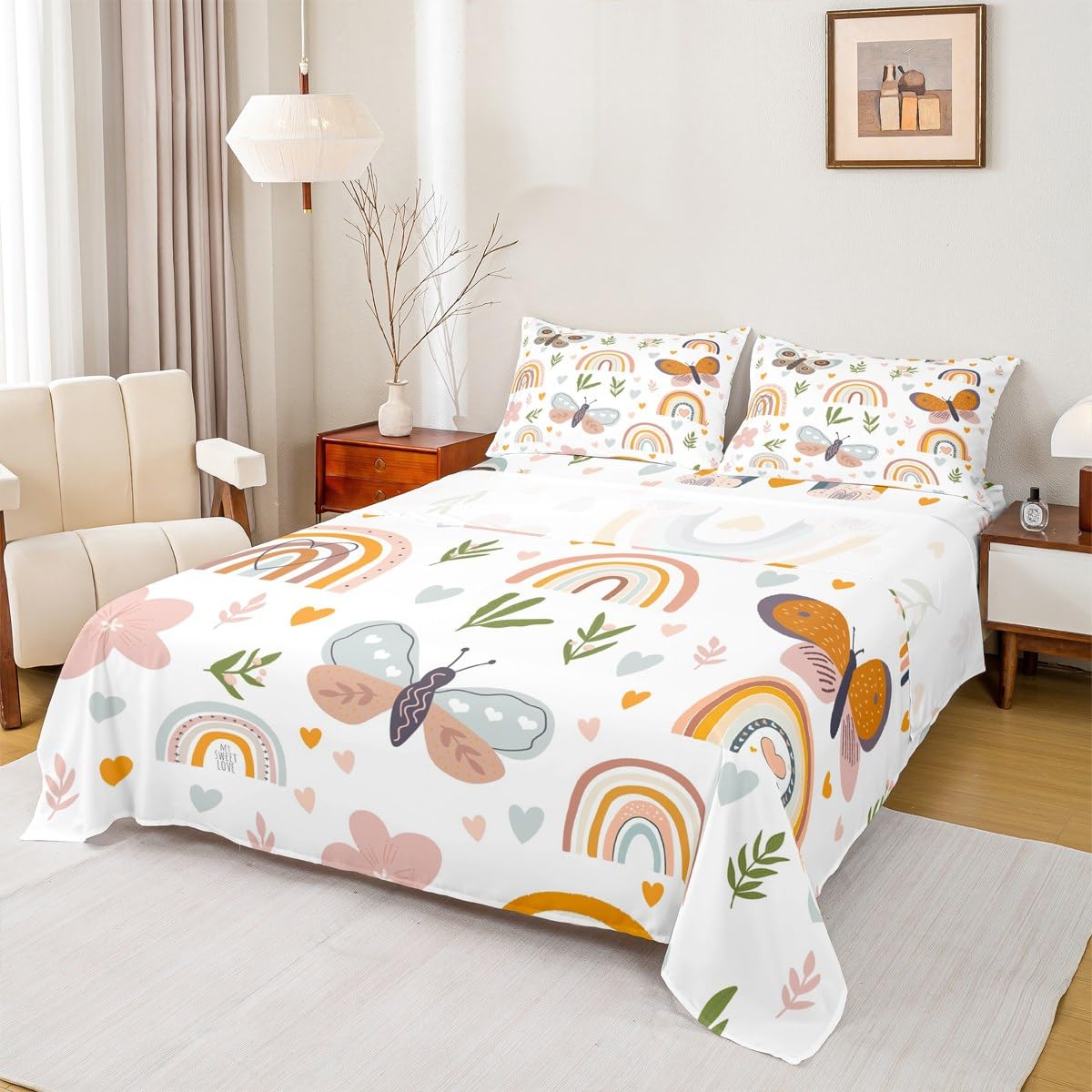 Boho Rainbow Sheet Set Twin Size Cute Butterfly Bedding Set 3Pcs for Kids Girls Boys Adult Room Decor Cartoon Love Heart Palm Leaves Bed Sheet Animals Botanical Fitted + Flat Sheet,1 Pillowcase