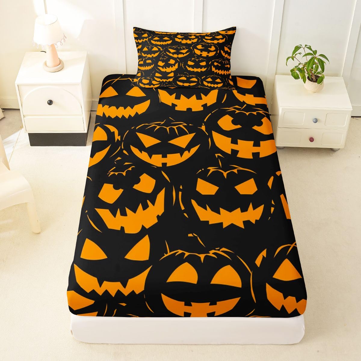 Feelyou Spooky Pumpkin Fitted Sheet with 1 Pillowcase Twin Size Halloween Themed Bed Sheets Set 16" Deep Pocket Boys Girls Trick or Treat Bedding Teens Bedroom Decor Lightweight Microfiber