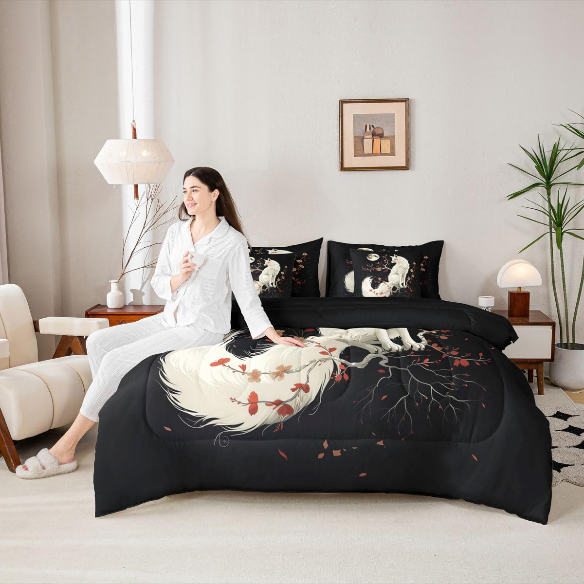 7 Pieces Twin Size White Fox Comforter Set,Japan Ukiyo-e Cherry Blossom Bedding Set for Boys Girls,Exotic Animal Rustic Farmhouse (Comforter+Fitted+Flat Sheet+2 Pillowcases+2 Throw Pillow Covers)