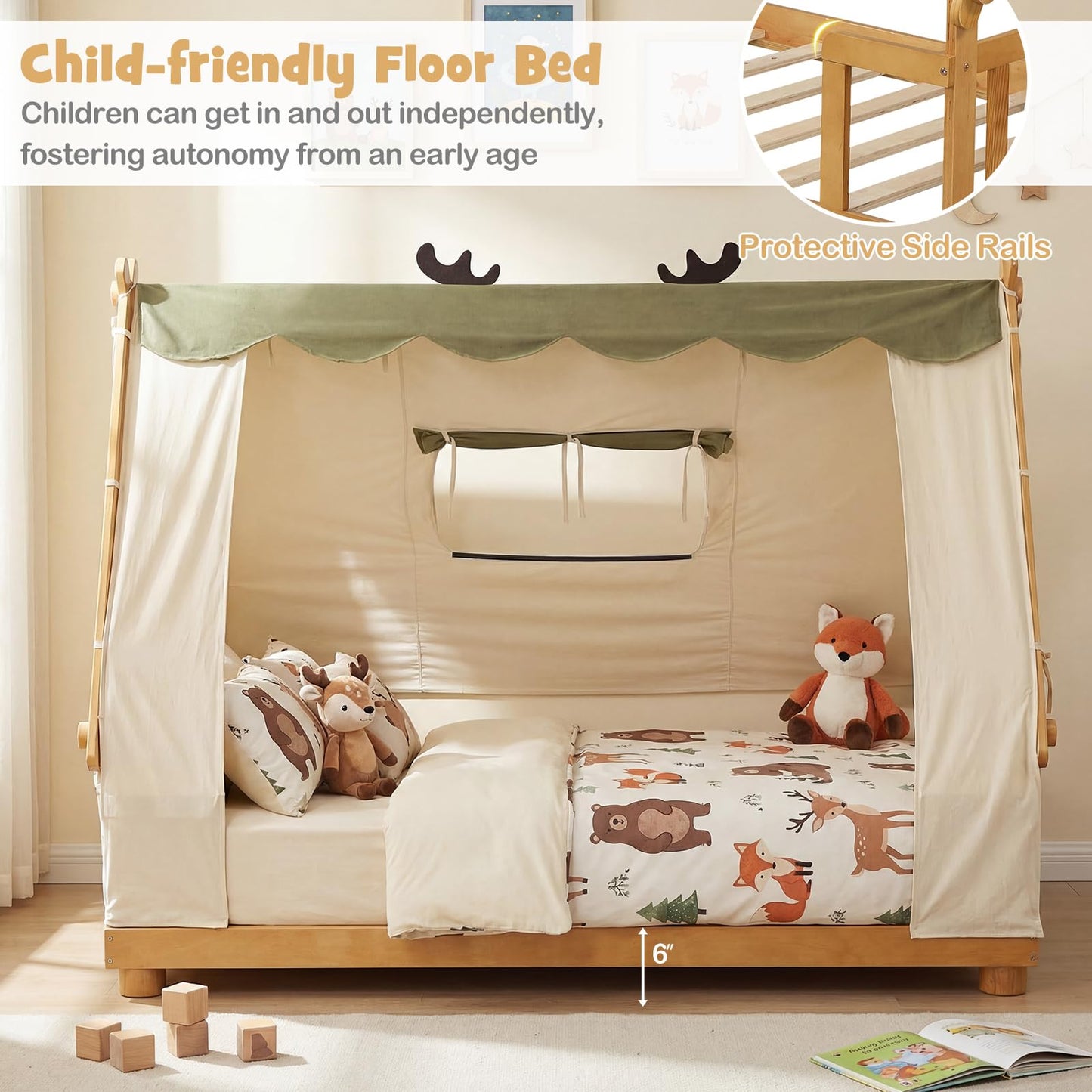 Costzon Twin Bed Frames for Kids, Wooden House Antlers-Shaped Floor Bed