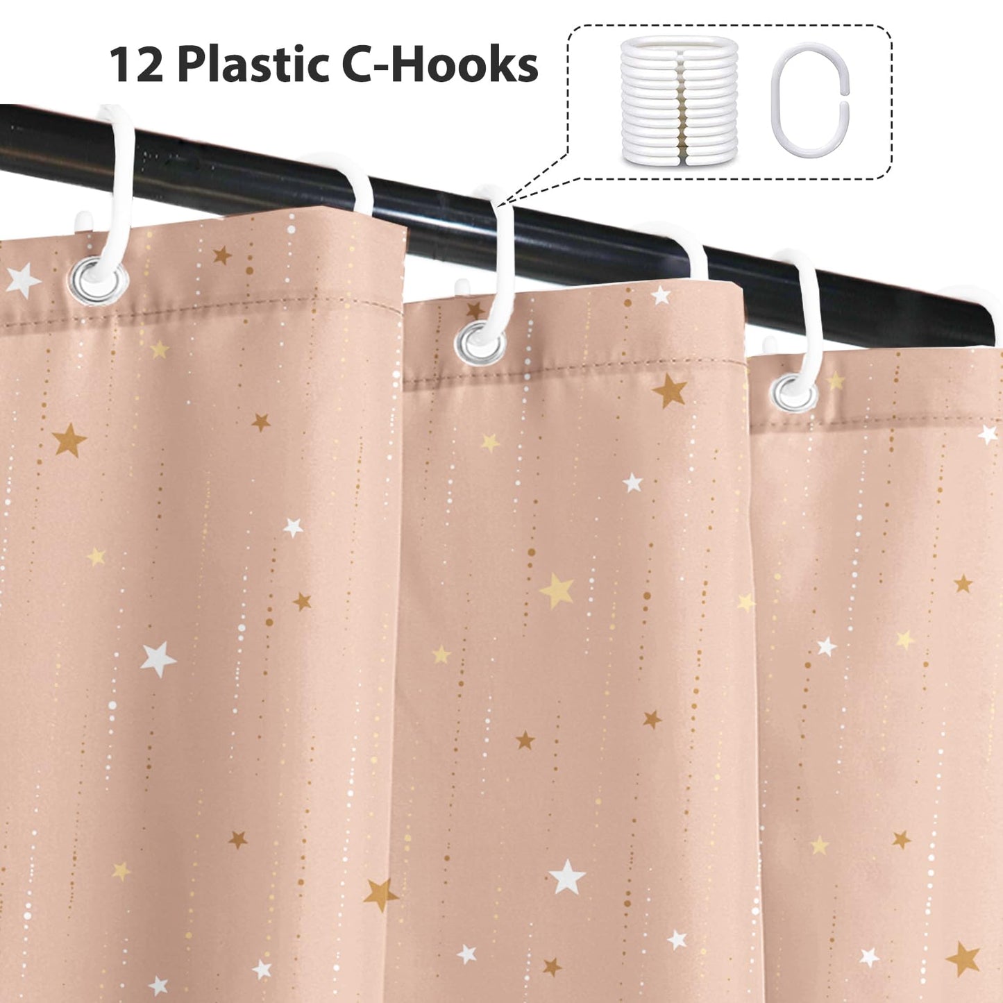 GICDSU Starry Night Shower Curtain, Waterproof Shower Curtains for Bathroom, Cloth Star Shower Curtain Set with Hooks, Peach Pink Celestial Space Shower Curtains, 72x72 Inches