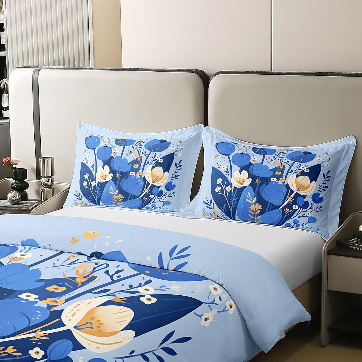 Erosebridal Spring Floral Bedding Set Full Blue Flowers 100% Cotton Duvet Cover Blue Botanical Garden Comforter Cover for Kids Girls Boys Adults Floral Branches Pastoral Bedclothes 3 Pcs