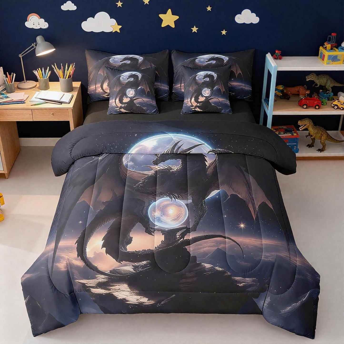 Erosebridal Purple Dragon Queen Bedding Set - Galaxy Moon Bed in A Bag,Dreamy Animal Comforter Sets with Sheets, Fantasy Dragon 7 Pieces Bed Set Bedroom Decor
