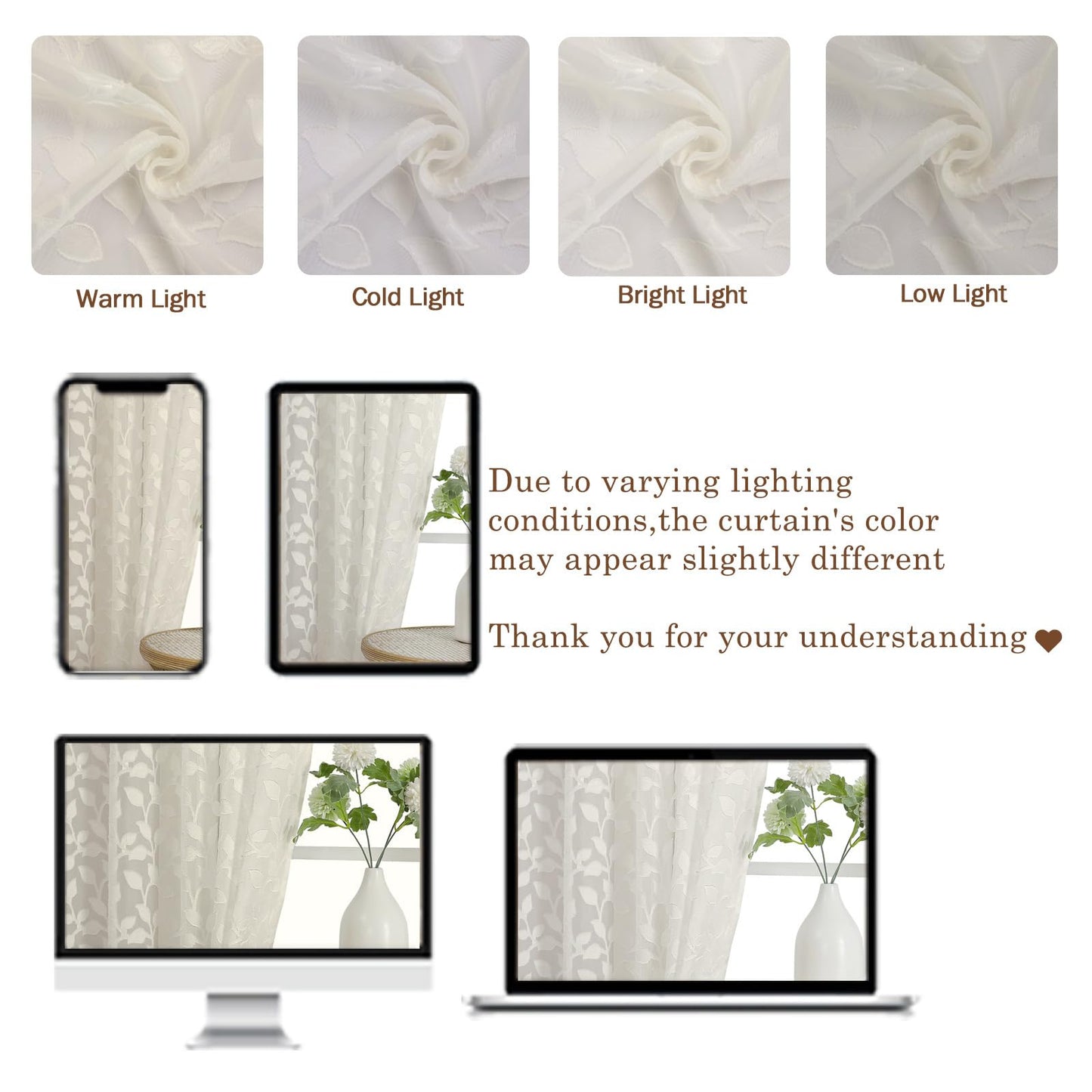 Chyhomenyc Ivory Sheer Curtains 84 Inch Length 2 Panels Set, Light Filtering Tufted Textured Soft Airy Rod Pocket Gentle Leaf Window Treatment Drapes for Bedroom Living Room, 42" Wx84 L, 2PCS