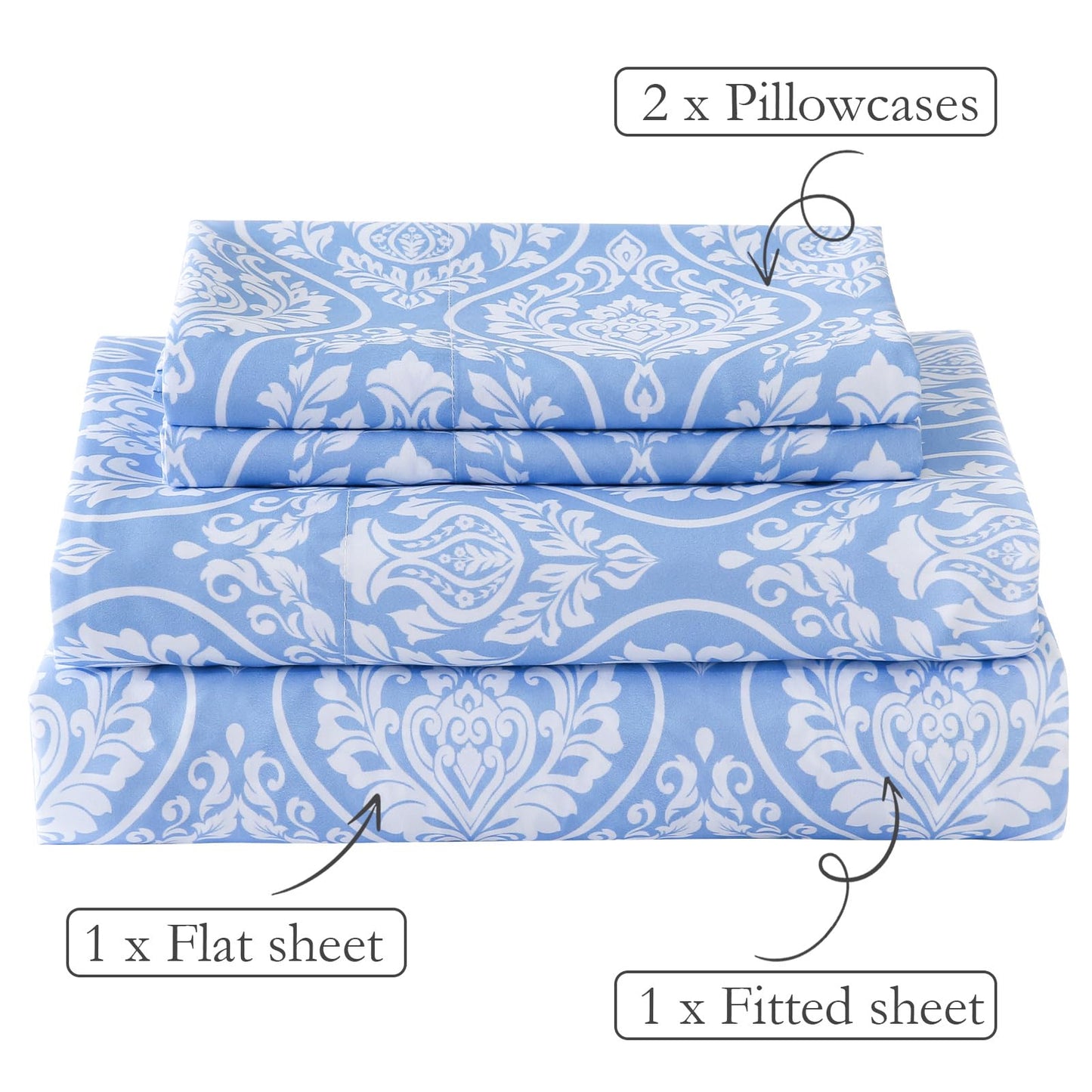 ChicView Queen Size Paisley Printed Sheet Set,4 Pieces Boho Style Breathable Soft Microfiber Bedsheets, Anti Pilling Deep Pockets Easy Care Bed Sheets, White Blue