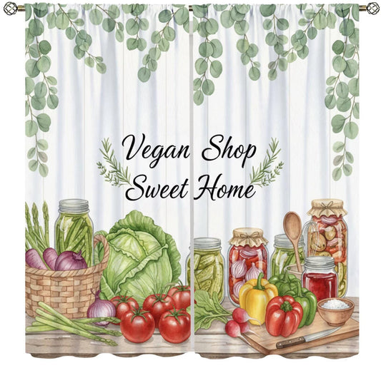 PHTAYOT Rustic Farmhouse Curtains Country Vegetable Leaves Wood Plank Vintage Funny Quotes Pattern Decor Window Treatments for Living Room Kitchen Cafe Living Room,2 Panels Set,42x45 Inch