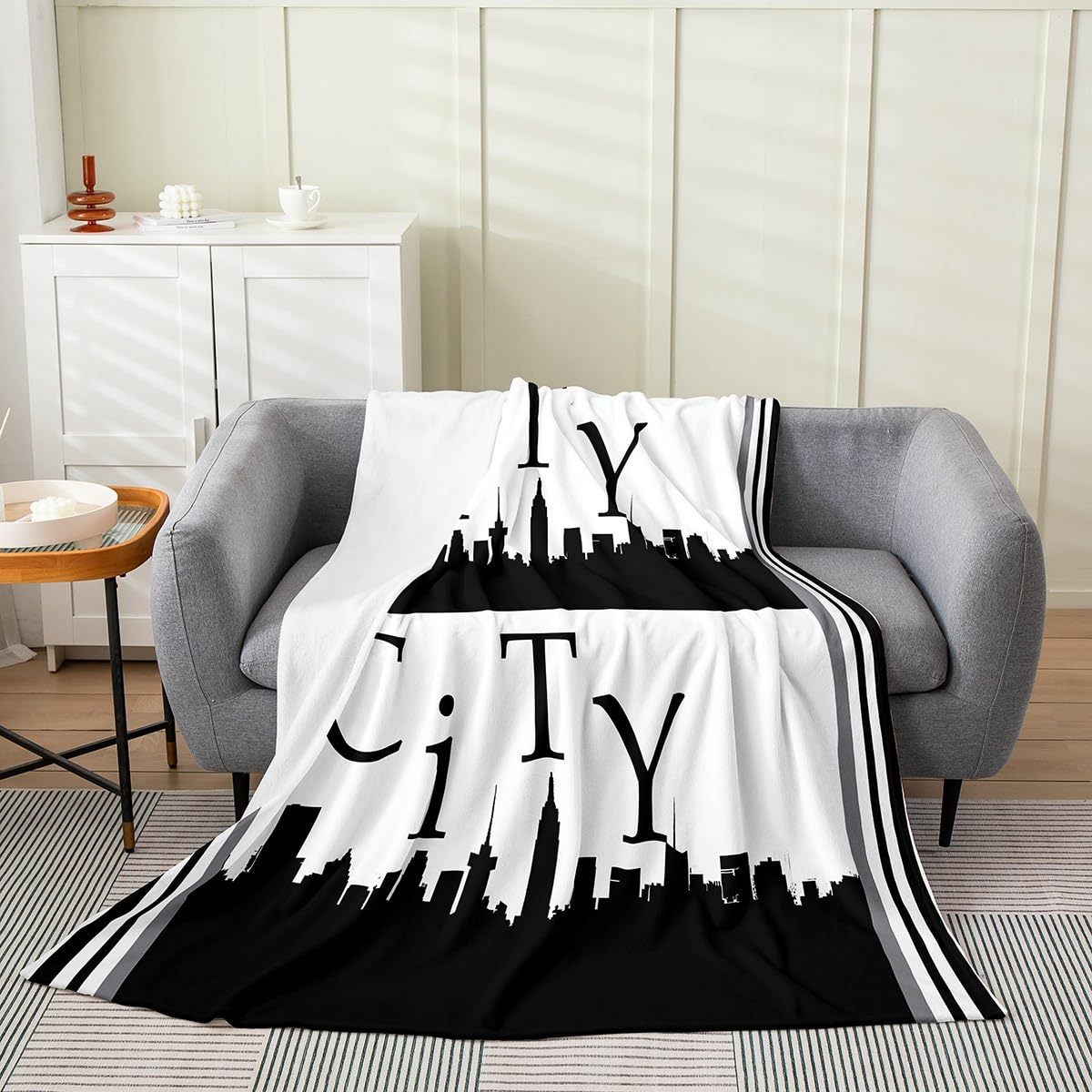 jejeloiu City Themed Fleece Throw Blanket for Kids Boys Girls Throw 50"x60" Modern FashionFlannel Blanket Plush Fuzzy Ultra Soft Simplefor Bed Couch Chair Living Room City Silhouette Room Decor