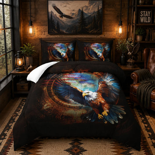 Nttopship Eagle American Flag Comforter Set,3 Pieces Eagle Bedding Queen Size United States Flag Lightweight Down Alternative Comforter 2 Pillowcase All Seasons