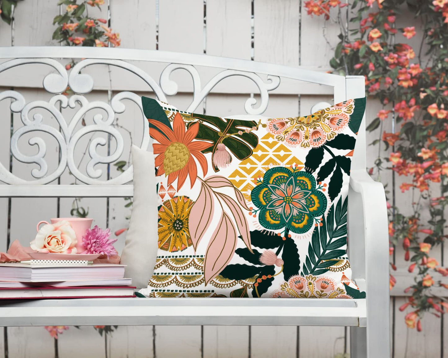 Jartinle Boho Floral Outdoor Pillow Covers 18x18 Waterproof Set of 2 Blooming Flower Leaves Pattern Porch Pillow Covers for Patio Furniture