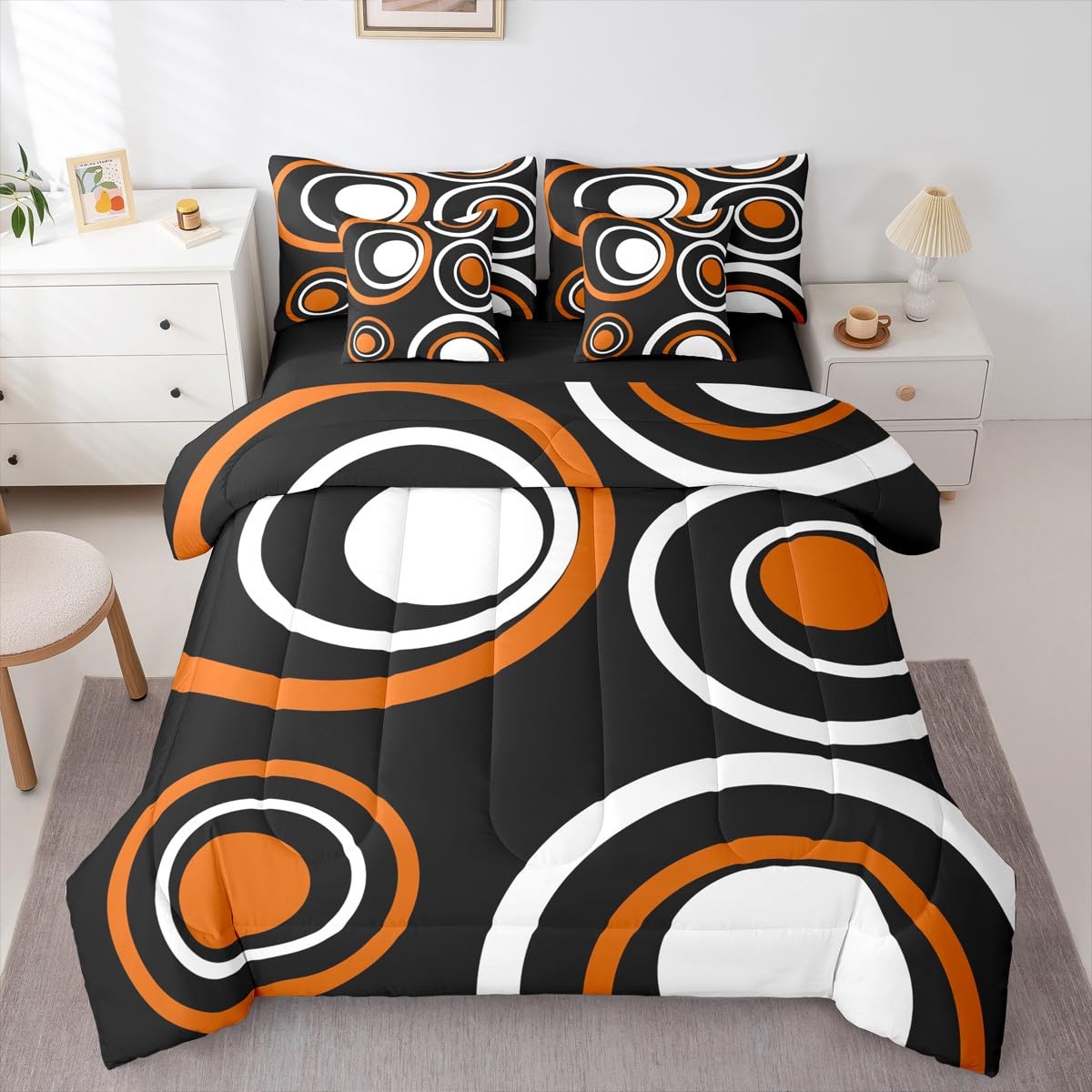 Erosebridal Orange Black Abstract 7-Piece Bedding Set Full Modern Striped Circles Bed in a Bag for Adult Women Men Boho Geometric Art Aesthetic Comforter Set Black White Abstract Duvet Insert