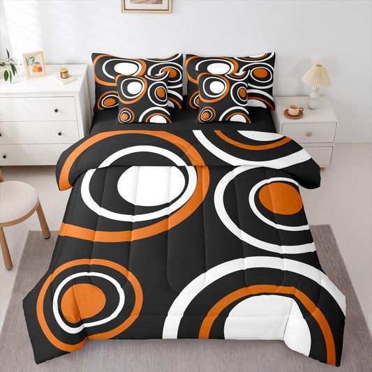 Erosebridal Orange Black Abstract 7-Piece Bedding Set Full Modern Striped Circles Bed in a Bag for Adult Women Men Boho Geometric Art Aesthetic Comforter Set Black White Abstract Duvet Insert