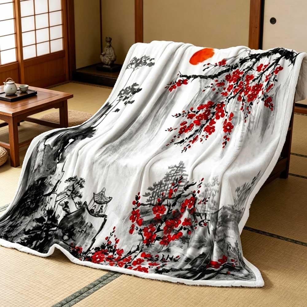 Japanese Blanket, Japanese Cherry Blossom Anime Blanket, Asian Ink Painting Asian Blankets, Red Plum Blossom & Mountain Landscape Soft Cozy Blankets for Couch, Bed, Office, Home Decor, 50X60 inch