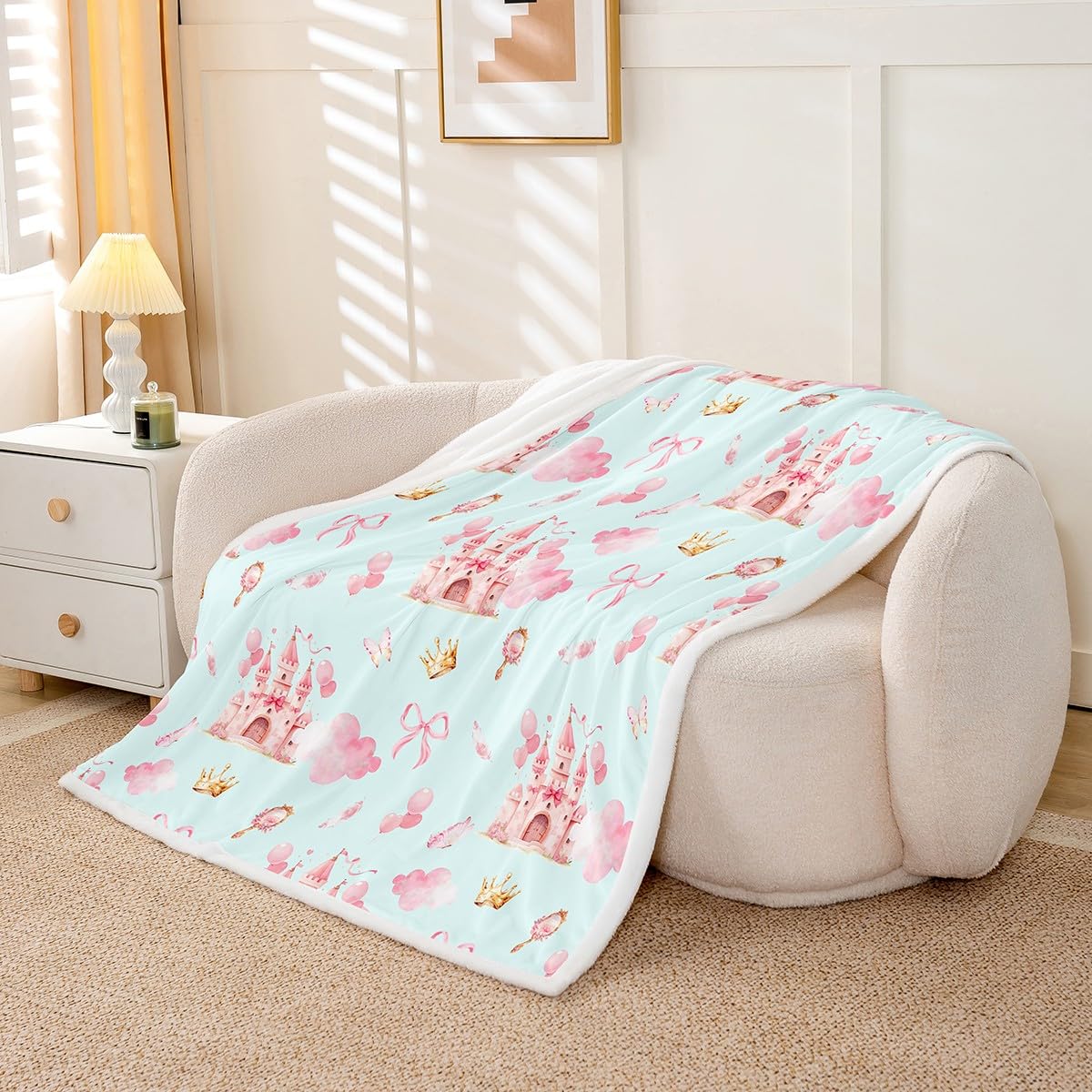 Feelyou Girls Princess Sherpa Throw Blanket for Couch Bowknot Super Soft Cozy Fleece Bow Tie Blanket for Winter, Plush Throw Castle 40"x50" All Season