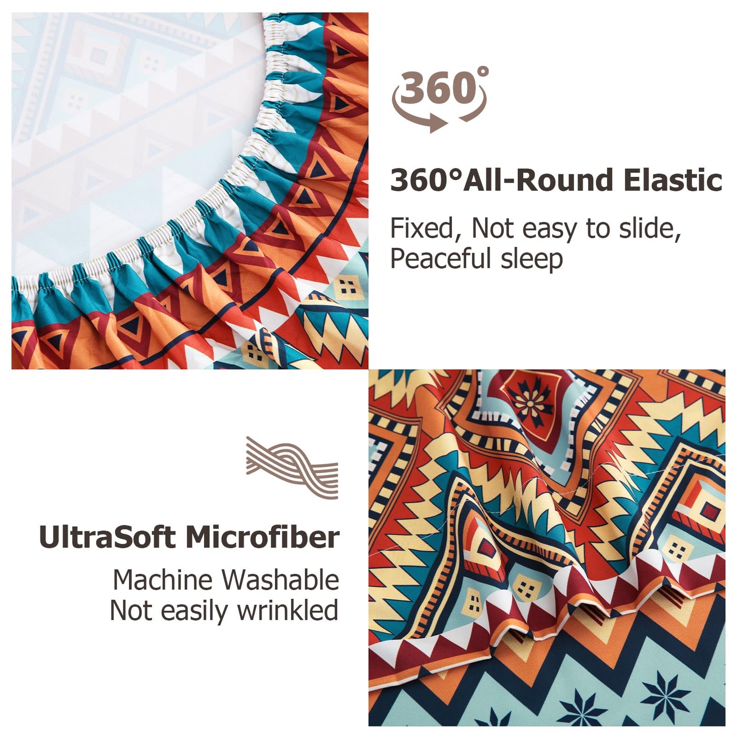 CozySmile 4 Pieces Queen Sheet Set Bohemian, Boho Sheets Soft Microfiber Deep Pocket, Western Sheets Geometric(Queen, Rust Turquoise Diamond)
