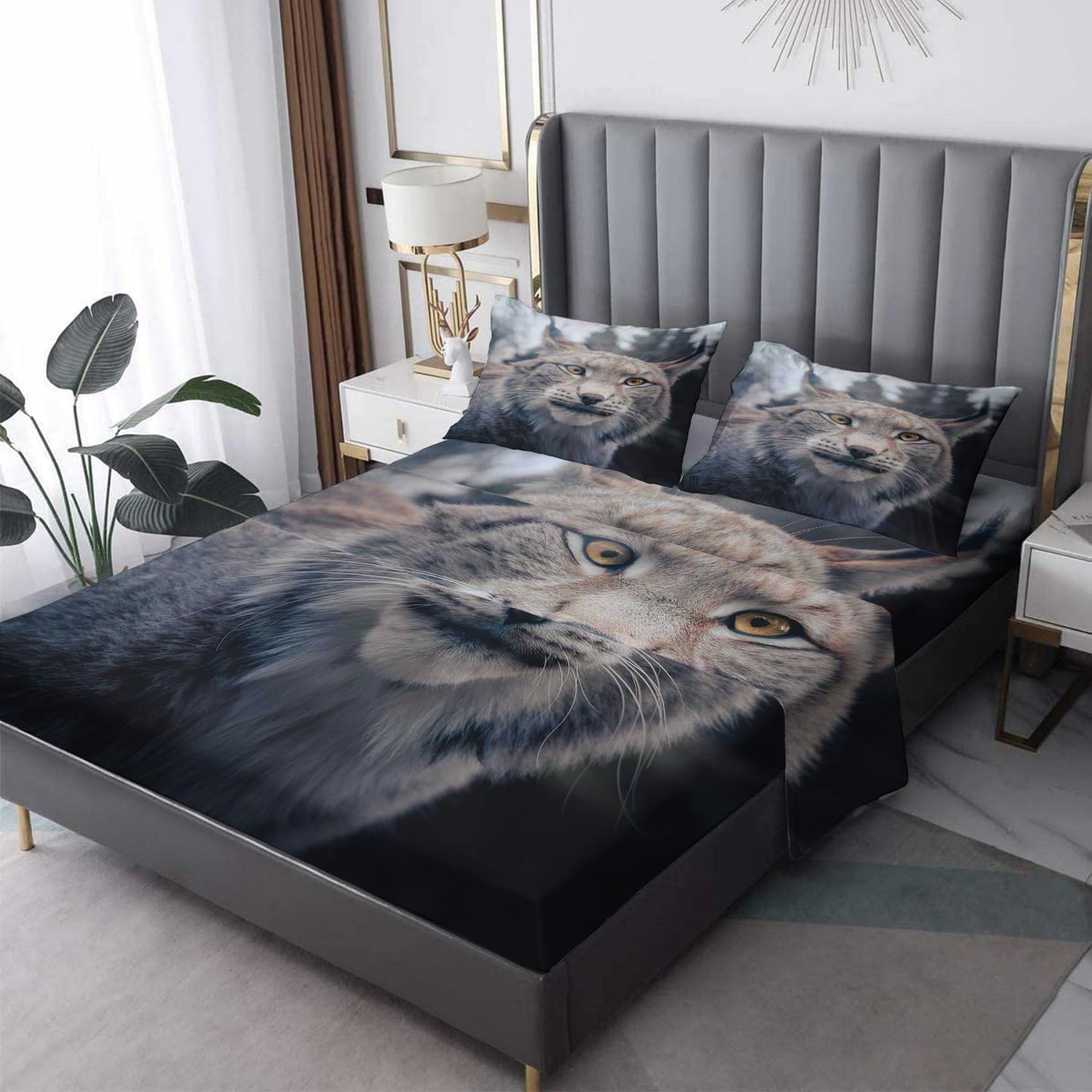 THYUNQ Lynx Sheets Full Size Bed, 3D Animal Pattern Bedding Sheets & Pillowcases - 16 Inch Deep Pocket, Super Soft Microfiber Printed Sheet Set 4 Piece