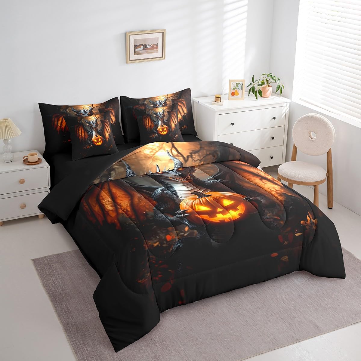 7 Pieces Pumpkin Lantern Dragon Comforter Set Queen,Happy Halloween Bed Set for Kids Boys Girls,Horror Night Bedding(1 Comforter,1 Fitted Sheet,1 Flat Sheet,2 Pillowcases,2 Throw Pillow Cover)