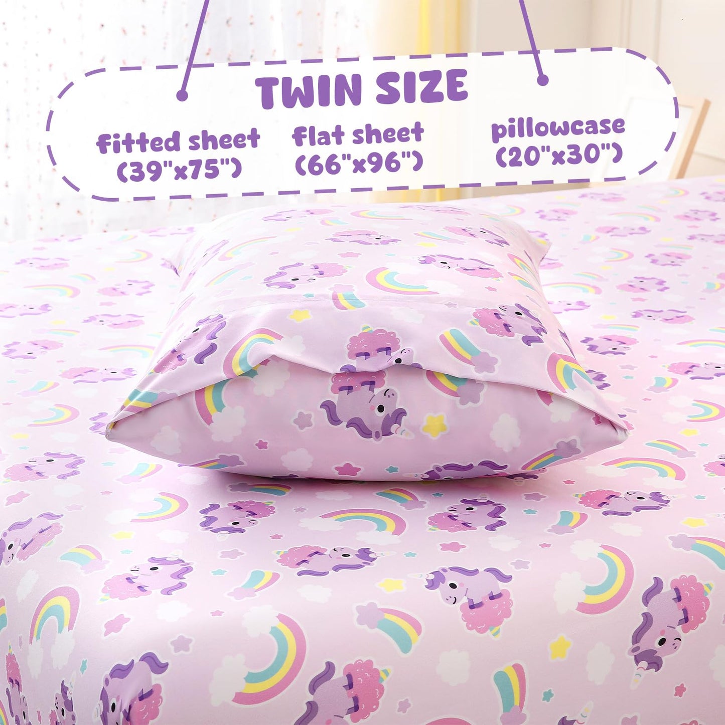 LONAVA Twin Sheet Set Kids - 3 Pieces Soft Microfiber Cartoon Style Bedsheets for Boys Girls Teens, Oeko TEX, Breathable Deep Pocket Sheets (Purple Unicorn)