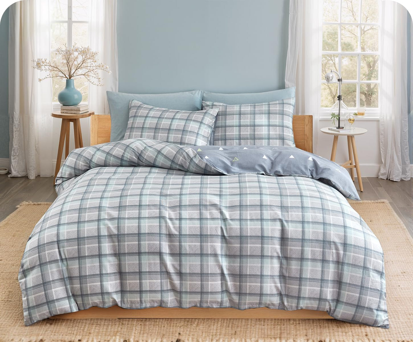 SLEEPBELLA Comforter King Size, 600 Thread Count Cotton Reversible Grey Buffalo Pattern Grey Plaid Comforter Sets,Down Alternative Bedding Set 3Pcs (King, Grey Plaid)