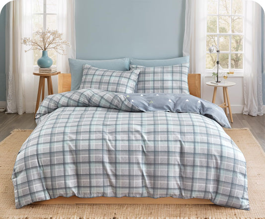 SLEEPBELLA Comforter King Size, 600 Thread Count Cotton Reversible Grey Buffalo Pattern Grey Plaid Comforter Sets,Down Alternative Bedding Set 3Pcs (King, Grey Plaid)
