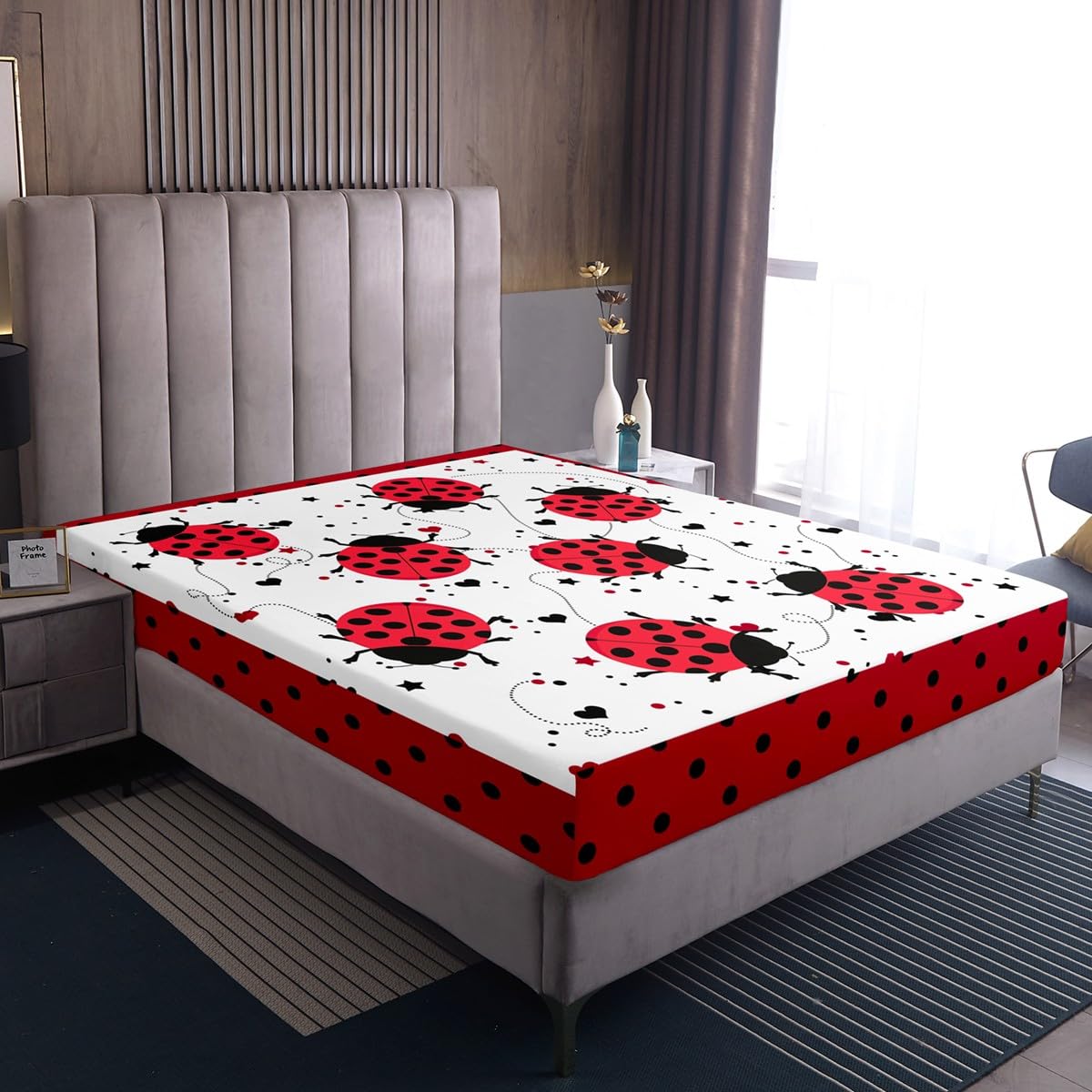 Red Ladybug Fitted Sheet Full Size Cartoon Ladybugs Sheet Set for Kids Child,Cute Ladybird Reptile Bed Sheets Beetles Bugs Pattern Flat Sheet Chic Nature Art Lady Beetle Wild Animal Room Decor