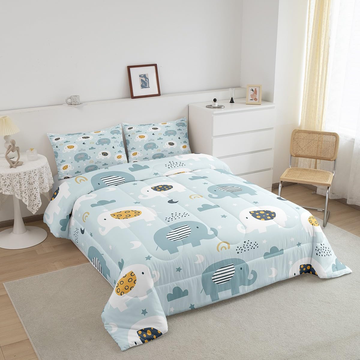 Feelyou Cartoon Elephant Bedding Set for Boys Girls Queen, Kids Zoo Animal Comforter Set Rainbow Elephant Comforter Wildlife Duvet Set 3Pcs