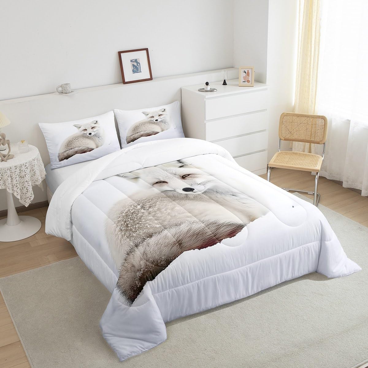 Feelyou Fox Comforter Set Arctic Fox Bedding Set for Kids Boys Girls Cute Animal Comforter Wildlife Quilt Set 1 Comforter Set with 1 Pillowcase Twin Size