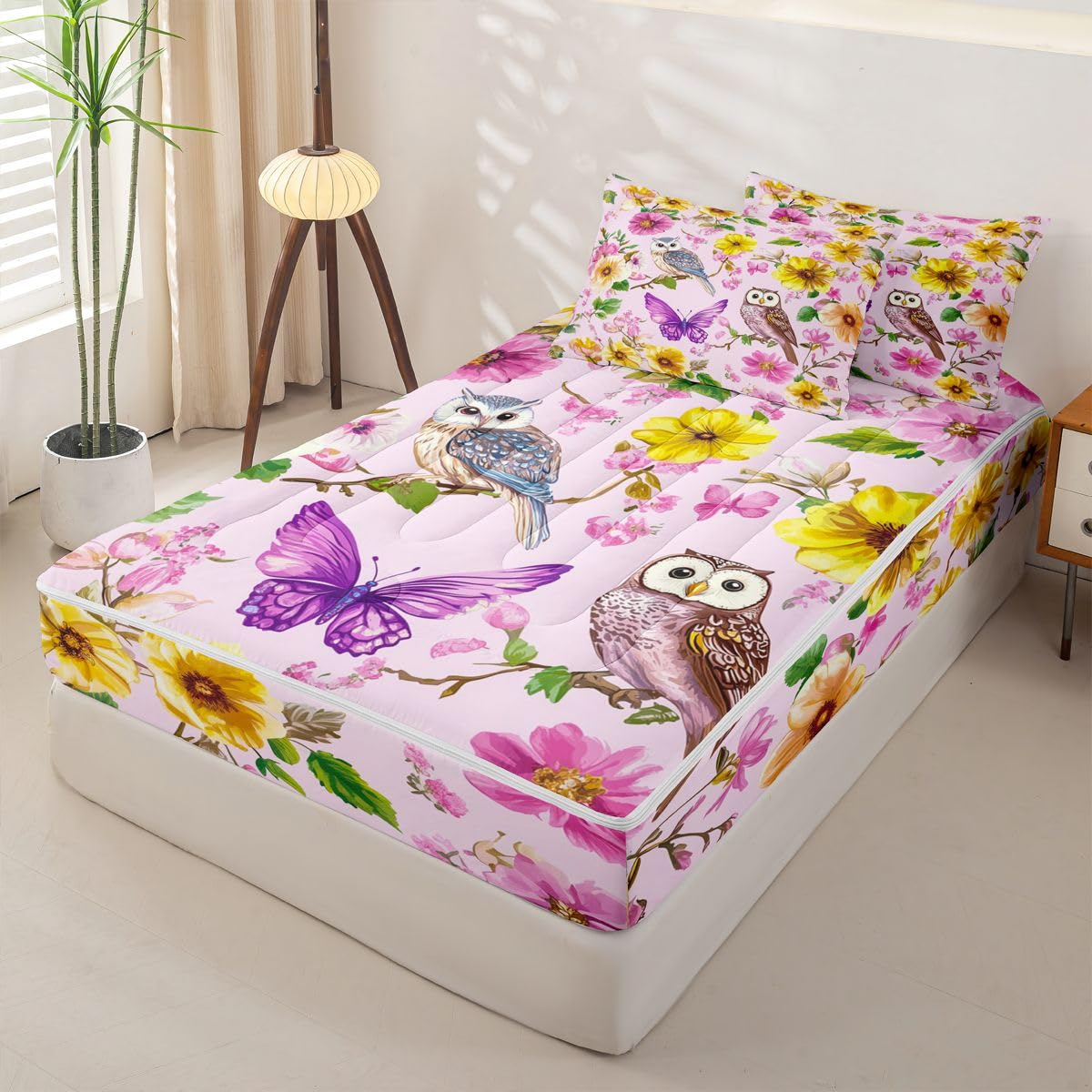 jejeloiu Owl Zipper Bedding Sets for Kids Boys Girls Yellow Floral Printed Twin Comforter Set with Fitted Sheet Purple Butterfly Bedroom Decor Spring Microfiber with 2 Pillow Cases