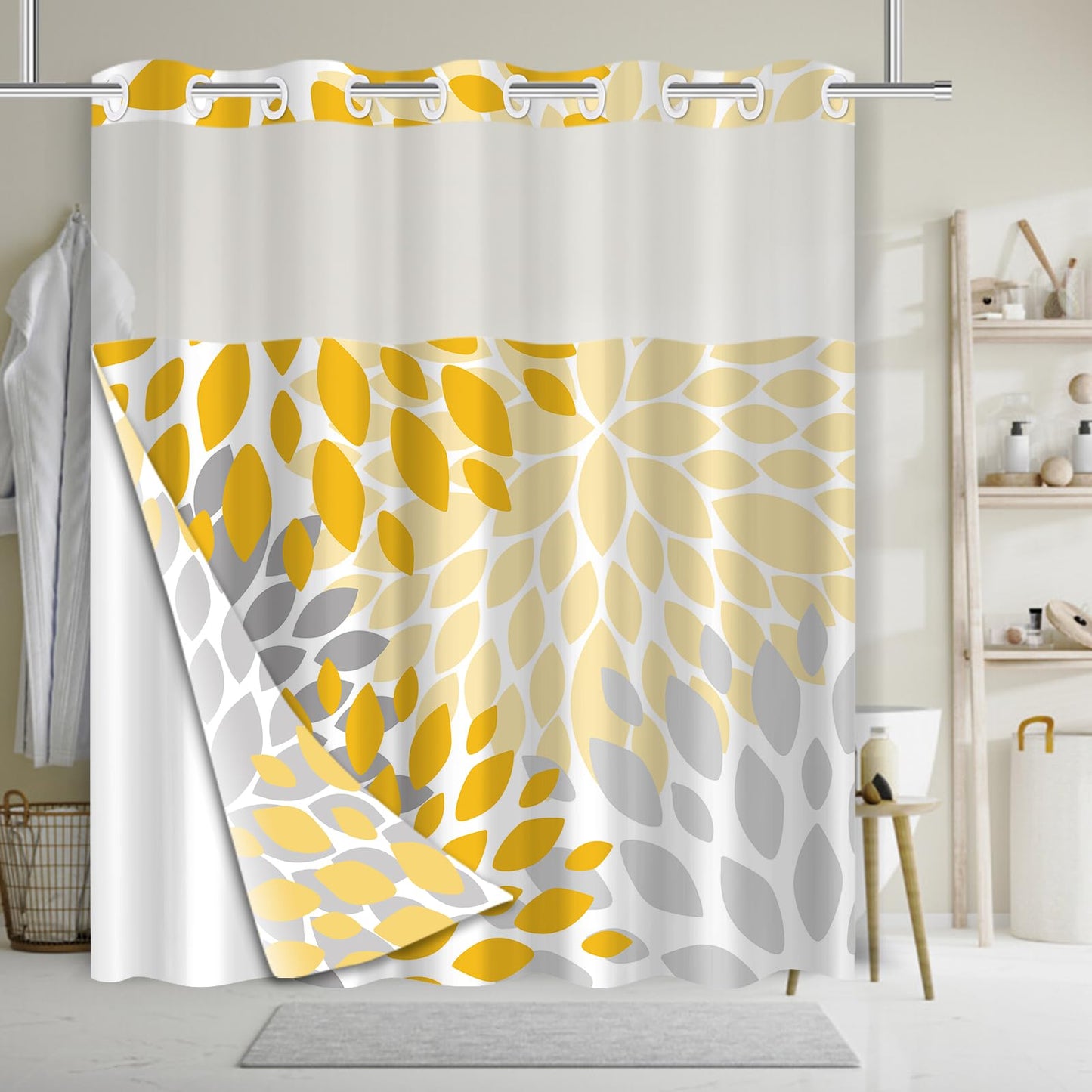 Mowxune No Hook Shower Curtain,Deluxe Yellow Dahlia Floral Shower Curtains for Bathroom,Hotel Style Aesthetic Decor,Gray Petal Pattern,Stylish Floral,with White Removable Liner,71x74 inches