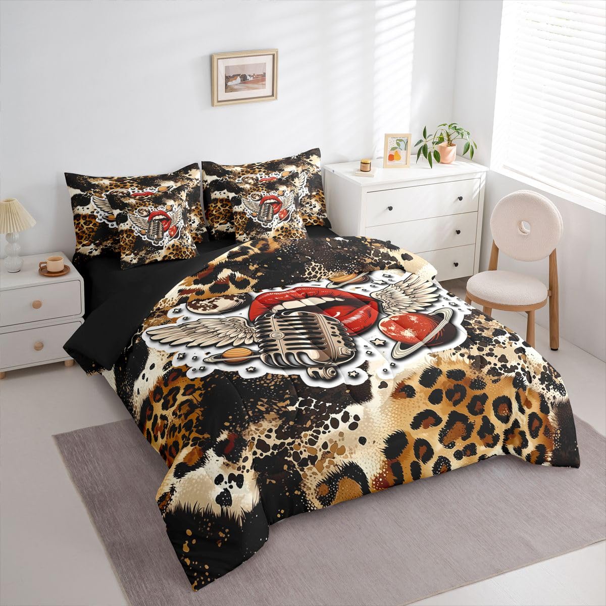 Erosebridal Leopard Print Twin Size Bedding Set Retro Rock & Roll 7 Pieces Comforter Set with Sheets for Women Girl Alluring Lips Bed in a Bag Y2K Trendy Wings & Planets Bed Sets