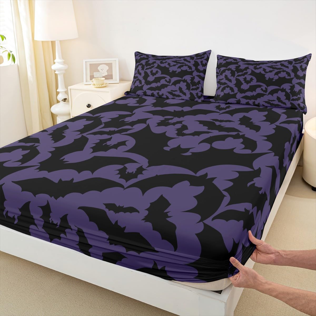 Castle Fairy Halloween Themed Full Fitted Sheet 4pcs,Black Bats Animal Print Bed Sheet Set for Girls Teens Bedroom,Dark Purple Color Polyester Bedding Set with 1 Flat + 2 Pillowcases