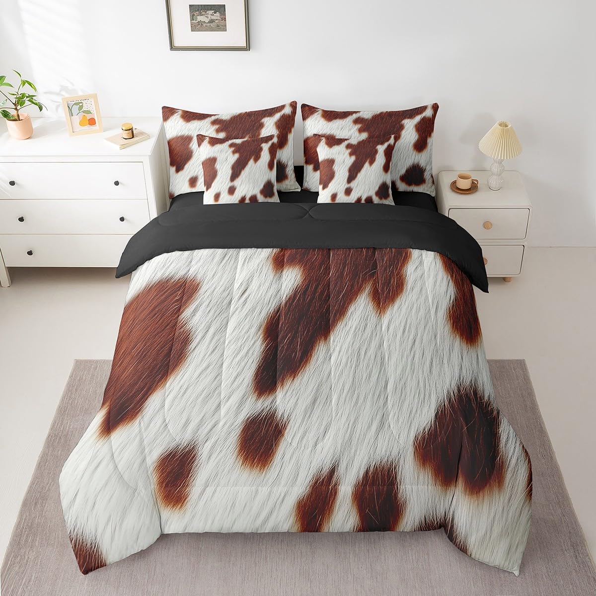 Erosebridal Cowhide Bed in A Bag Twin Size Cute Cow Print Kids Comforter Set 7 Piece Western Animal Skin Bedding Set for Boys Teens Adult Bedroom Decor Wildlife Cowboy Farmhouse Sheets