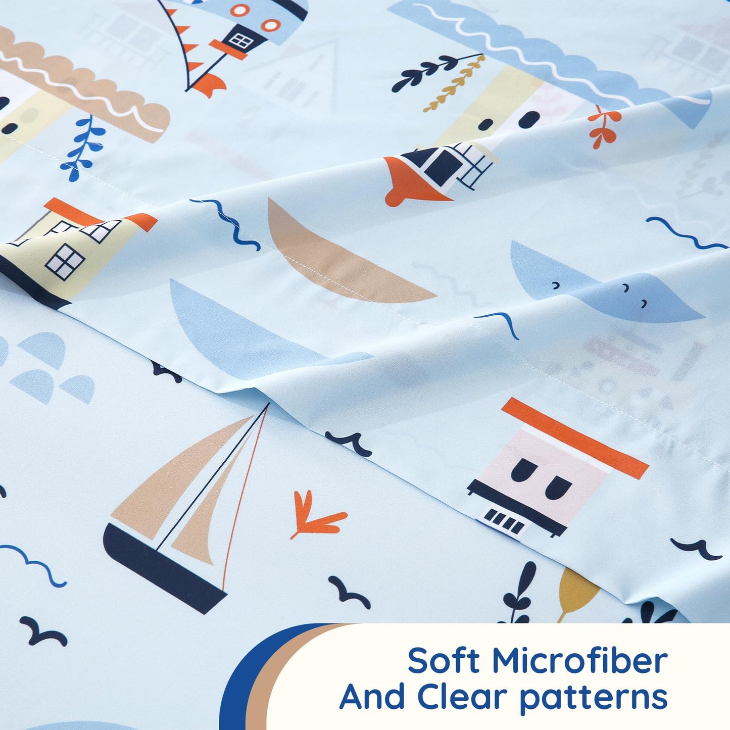 MCO Sailboat Kids Full Size Bed Sheets, Soft Microfiber Full Size Sheets for Boy Girls, 4 Pieces Breathable Full Bed Sheet Lighthouse