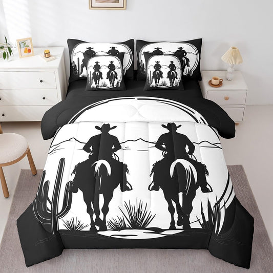 jejeloiu Western Decor Comforter Set with Sheets Twin Size Kids West Cowboy Horse 7 Pieces Bedding Set Boys Girls Teens Black White Bed in a Bag Breathable Rodeo Cowboy Cactus Bed Set Room Decor