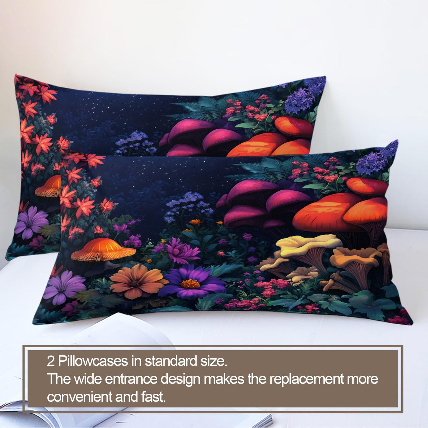 GKPLY Mushrooms Duvet Cover Cal King, Magical Forest Bedding Sets, Starry Floral Comforter Set, Zipper & Ties, Garden Duvet Cover & 2 Pillow Cases, Reversible Print