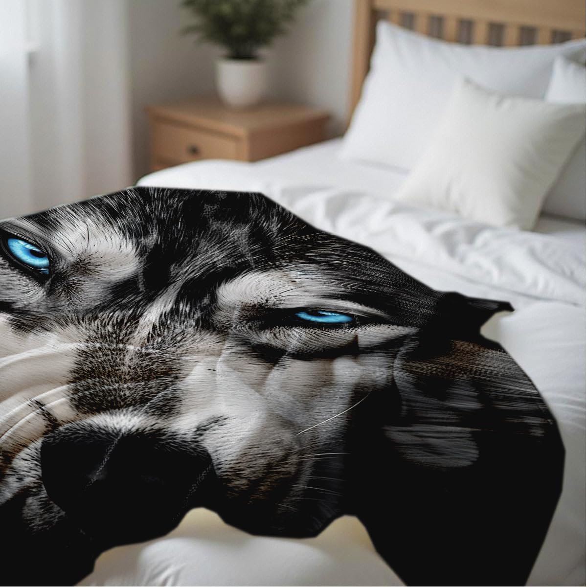 HUNXIAOJ Printed Bed Blanket Black and Blue Wild Animal Throw Wolf Flannel Blankets Queen Size Blankets for Men Boy Bed Sofa Office Chair Blanket(49"x59")