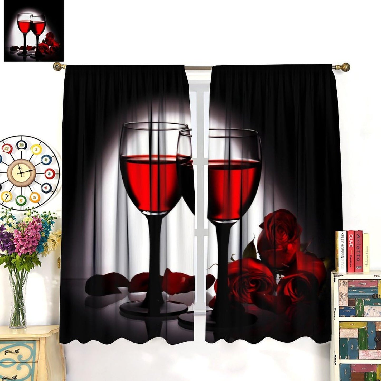 Nsbul Luxe Red Wine Rose Curtains, Romantic Valentine’s Dinner Vibe Rose Accents Passionate Window Drapes for Anniversary Date Night Bedroom Living Room Dining Decor, 42" W X 45" L (No Blackout)
