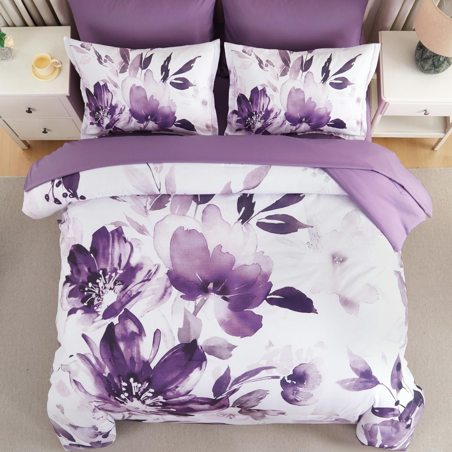 Luxudecor Floral Comforter Set Queen Size, 7 Piece Purple Flower Set Bed in a Bag,Soft Microfiber Farmhouse Shabby Chic Bedding Set for All Seasons(90"x90")