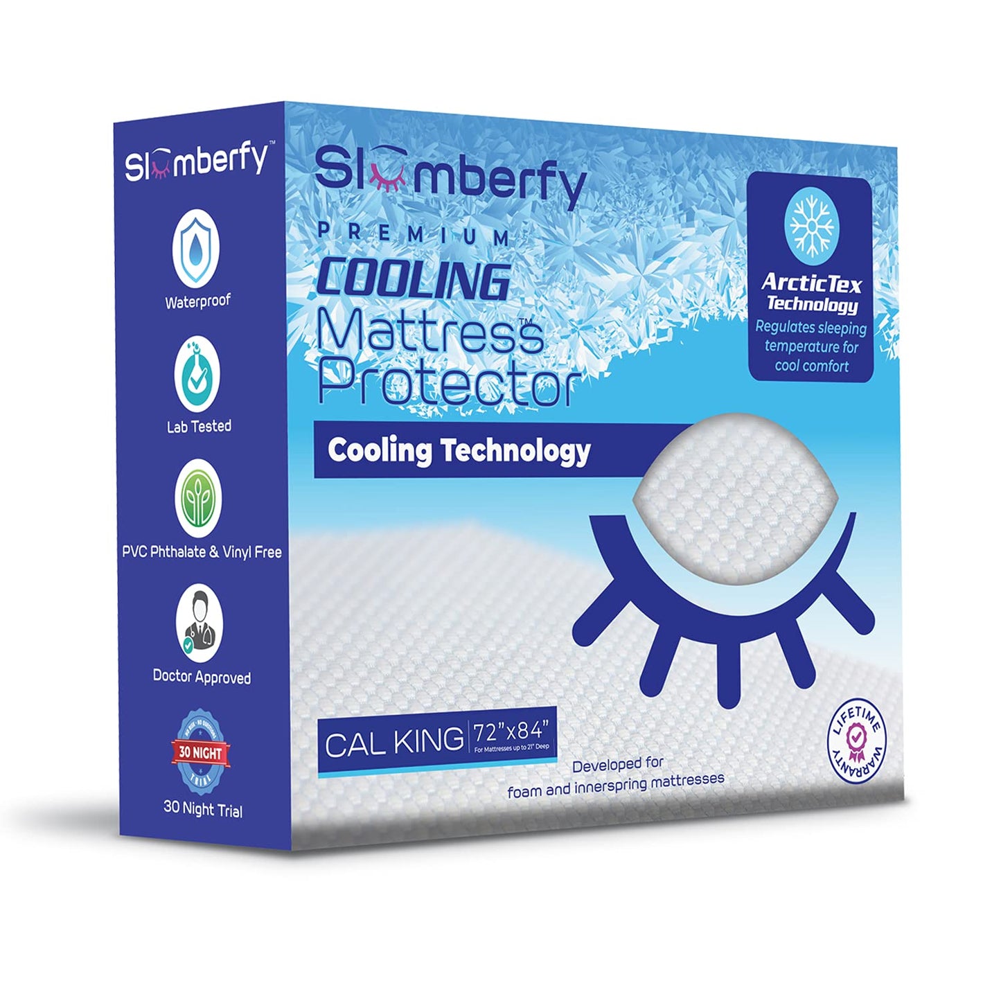 Cal King Size Waterproof Cooling Mattress Protector by Slumberfy - Premium Skin-Safe Cover, Natural Fabric with ArcticTex Technology, Noiseless Quilted Mattress Cover - 72x84 in.