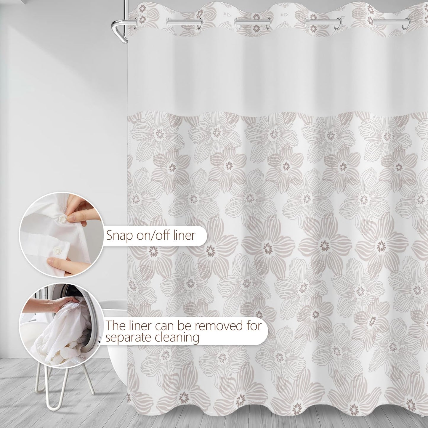 No Hook Shower Curtain with Snap in Fabric Liner Set, Waterproof & Washable, Boho Soft Tan Paisley Floral Shower Curtains for Bathroom, Elegant Neutral Modern Hotel Flower Bathroom Curtain, 71x74 inch