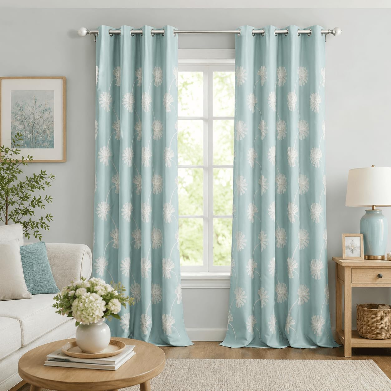 VOGOL Floral Embroidered Grommet Curtains, 52 x 84, 2 Panels, Blue