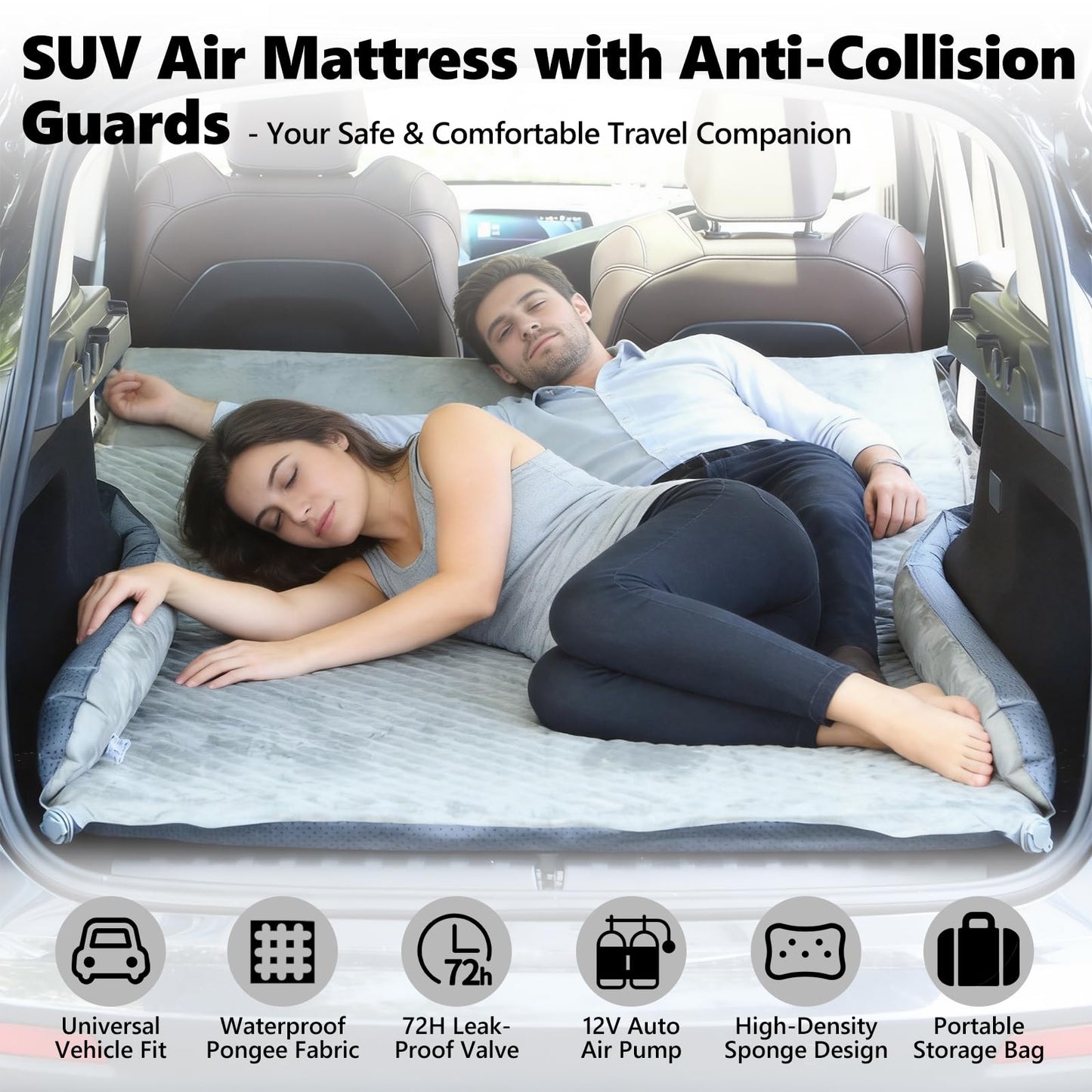 Ocryneiy Universal SUV Air Mattress – Inflatable Car Bed for Camping with Anti-Collision Side Guards,Dual Safety Valve,12V Car Pump & Carry Bag, Fits SUV MPV Sedan for Travel Nap, Gray
