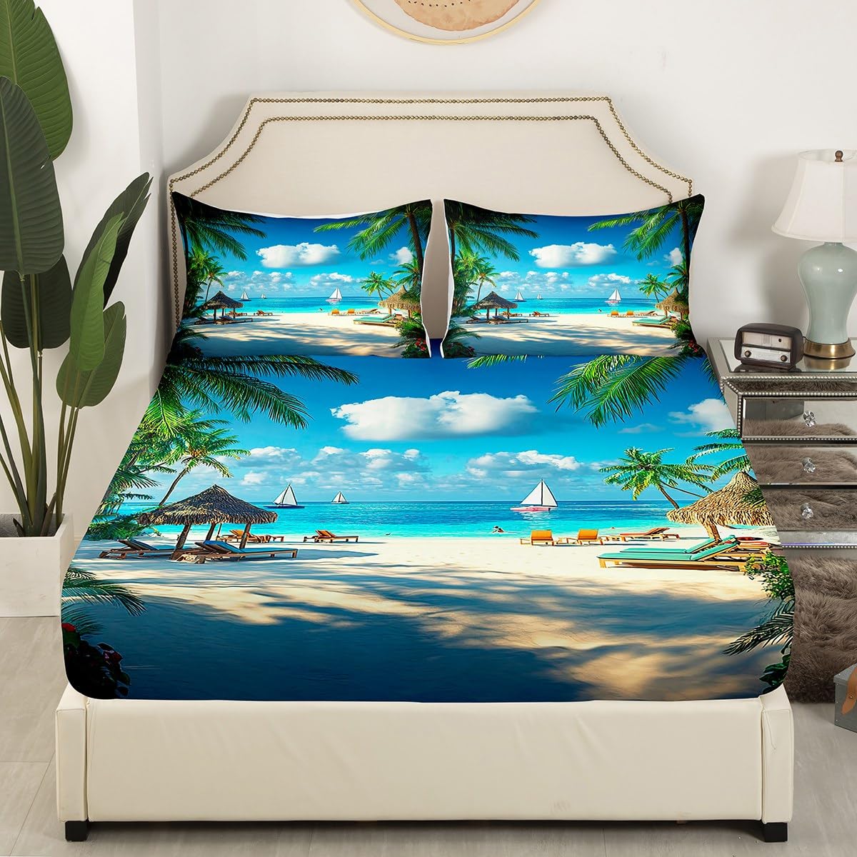 jejeloiu Hawaiian Beach Fitted Sheet Full Size Kids Palm Leaf Bed Sheets Set for Boys Girls Teens Sea Ocean Wave Summer Coastal Natural Scenery Bedding Set Room Decor